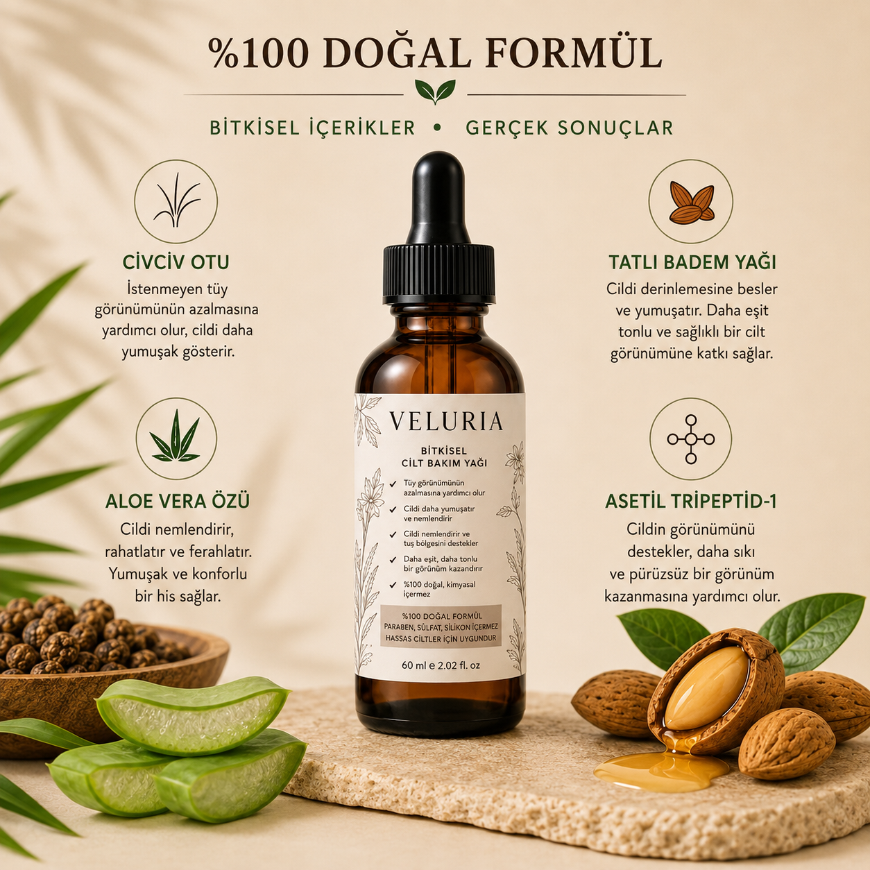 Veluria İpeksi Ten Tüy Azaltıcı Doğal Yağ-Natural Formül